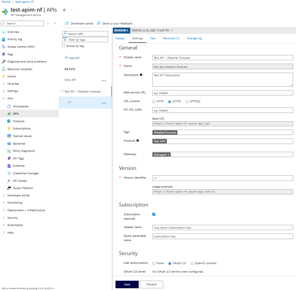 Settings for the API