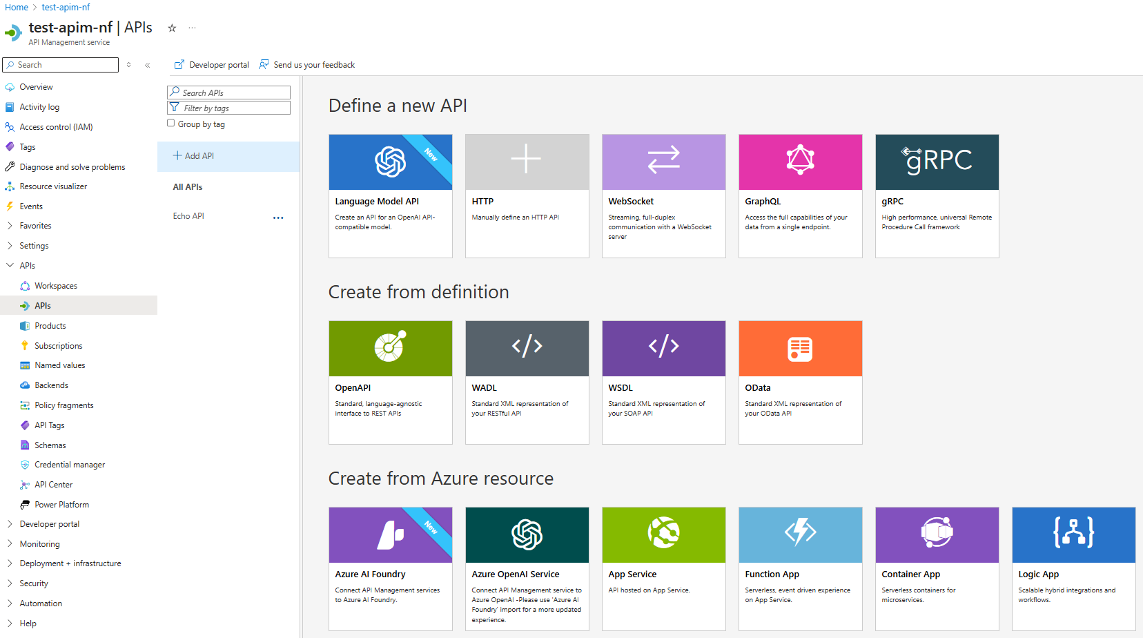 Options to define a new API in APIM