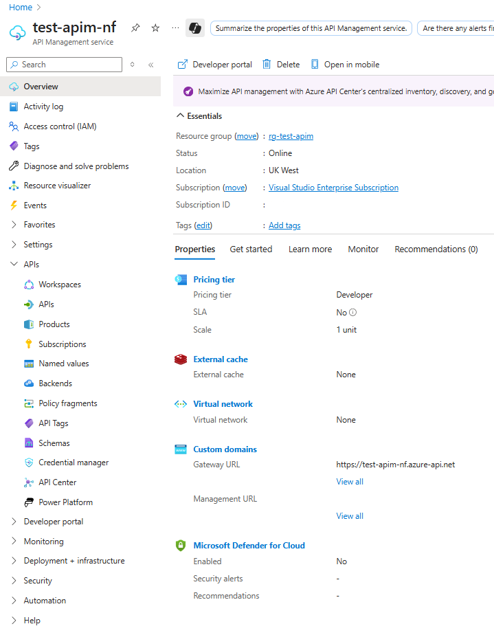 Azure APIM homepage