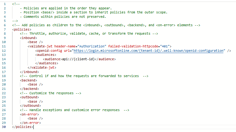 The policy XML to validate the JWT