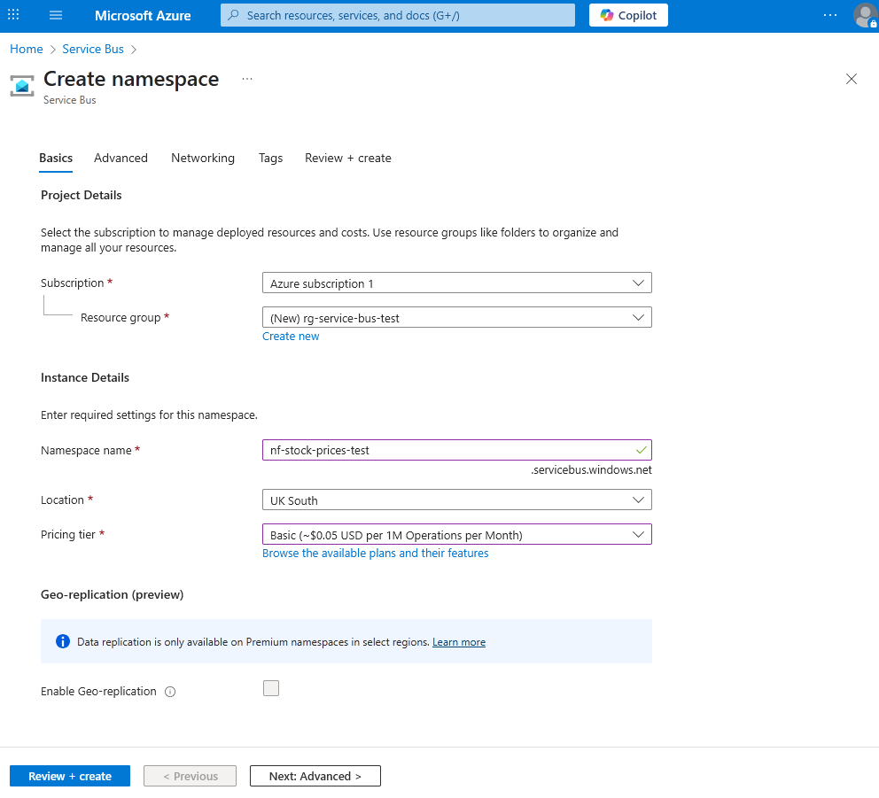 Creating a new namespace in Azure Service Bus