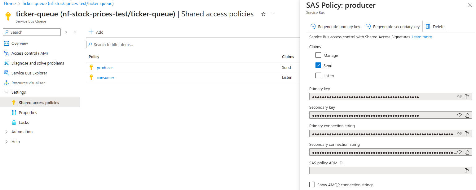 Shared keys for an Azure Service Bus queue