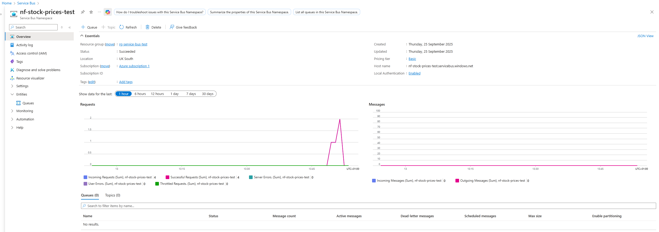 The namespace home page in Azure Service Bus